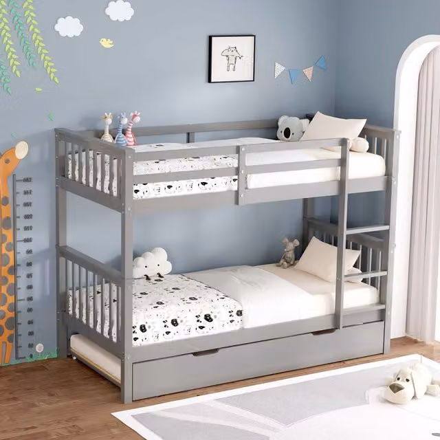 More4Homes Oliver Solid Wood Bunk Bed with Trundle and Drawers in Grey and White, 90 x 190 cm