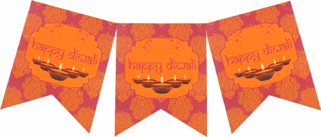 Peacock Supplies Orange Happy Diwali Hanging Paper Pennant Banner with Floral and Ethnic Designs