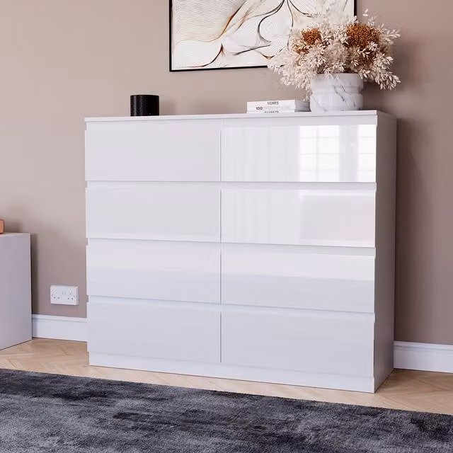 Vida Designs Glinton 8 Drawer Chest in White Glossy MDF