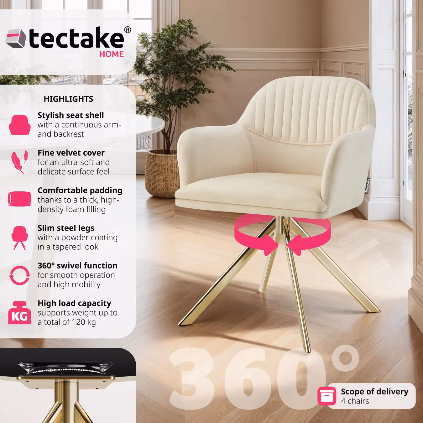tectake Set of 4 Lona Velvet Swivel Dining Armchairs in Cream and Gold – 5