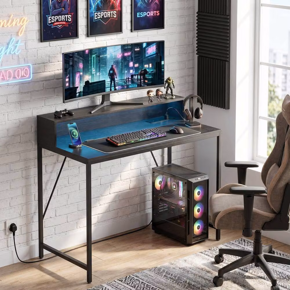 STILVORA Black Computer Desk with LED Lights, Power Outlets and Monitor Stand – 2