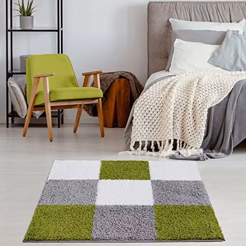 THE RUGS Modern Geometric Shaggy Area Rug, Green and Grey, W/D/H: 120 x 120 x 1 cm – 2