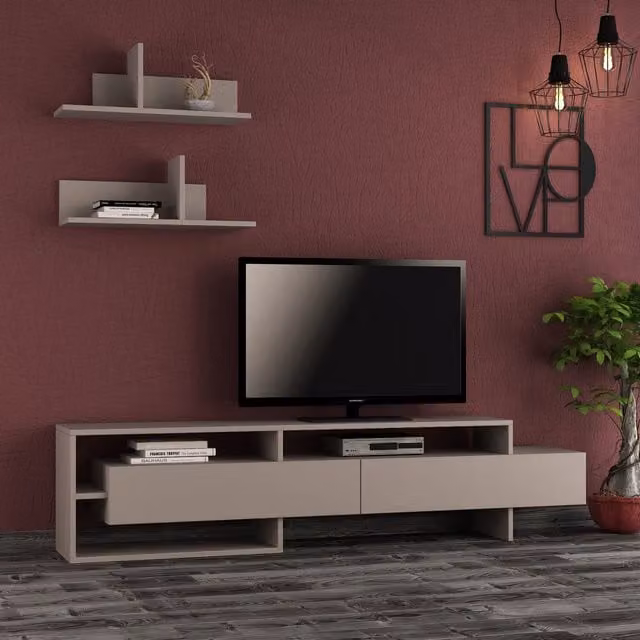 Decortie Gara Modern TV Unit with Storage and Wall Shelf in Mocha Grey and Brown