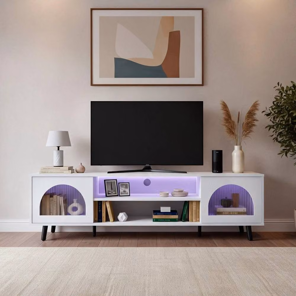 FORGEVIO Modern White MDF LED TV Stand Cabinet with 2 Glass Doors and Integrated Lighting – 5
