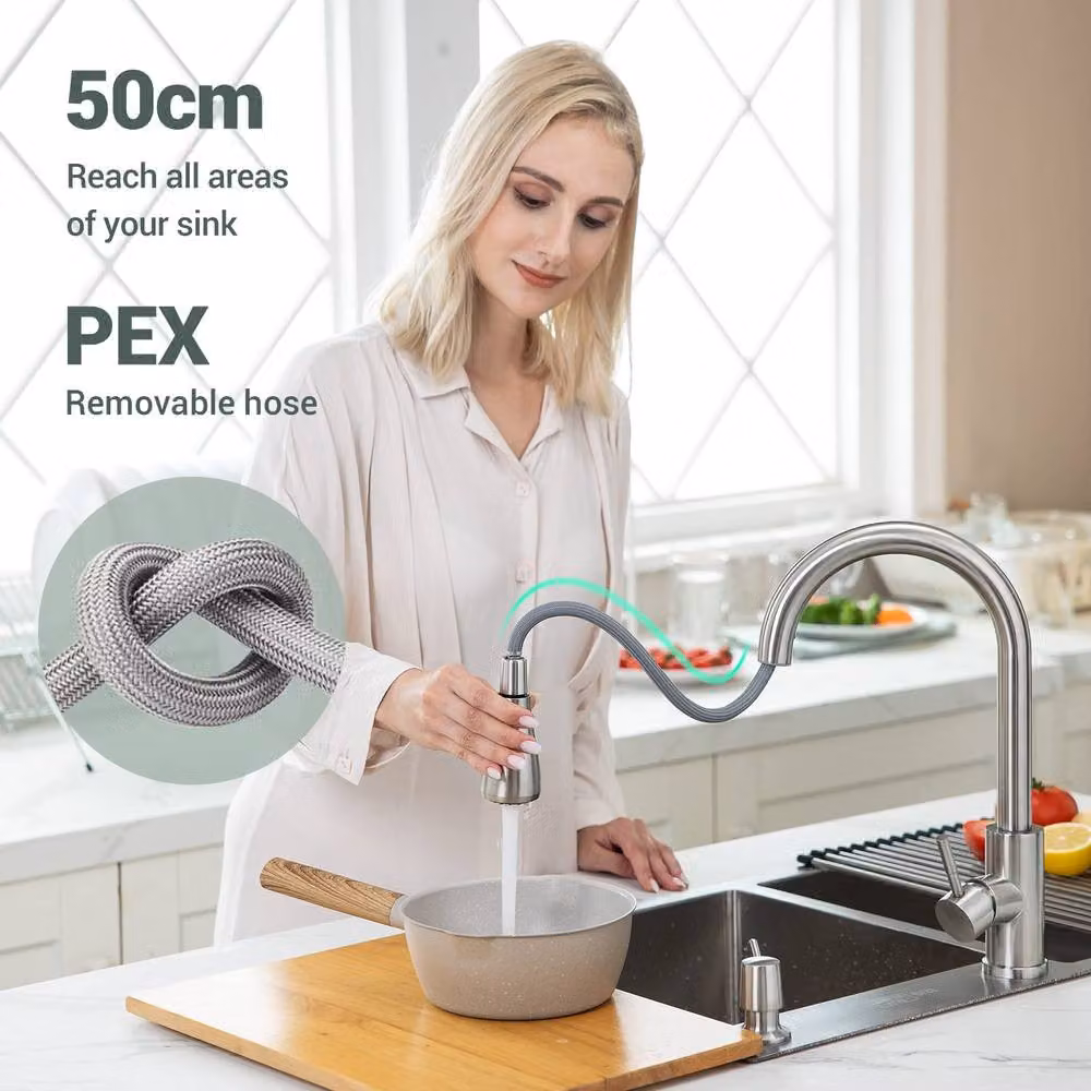 Appaso Silver Brushed Steel Kitchen Mixer Tap with Pull Out Spray and 360 Degree Swivel Spout – 3