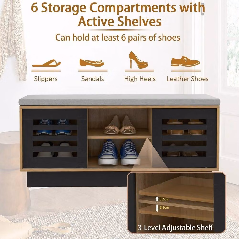 FORGEVIO Wooden Shoe Bench and Storage Cabinet Organizer with Multicolour Fabric Stool Shelves – 4