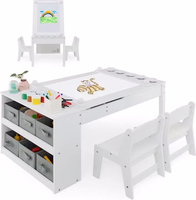 Costway Modern White Kids Art Table and Chair Set with Reversible Rectangular Board