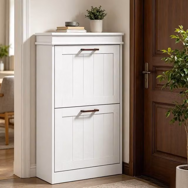 ERGOVEXA Minimalist Freestanding 2-Drawer Shoe Cabinet in White with Tilting Compartments