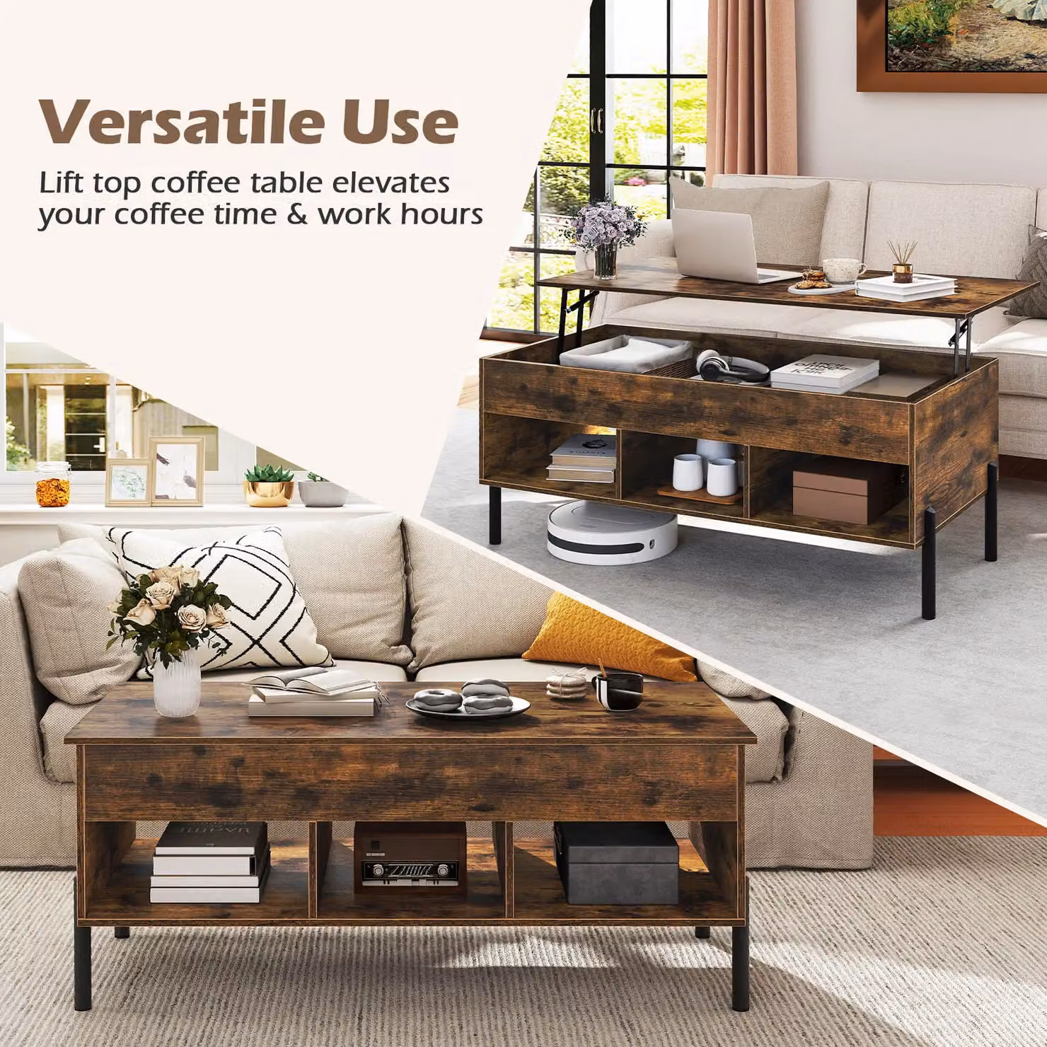 Gymax Modern Brown Lift-top Coffee Table with Metal Legs and MDF Laminate Finish – 6