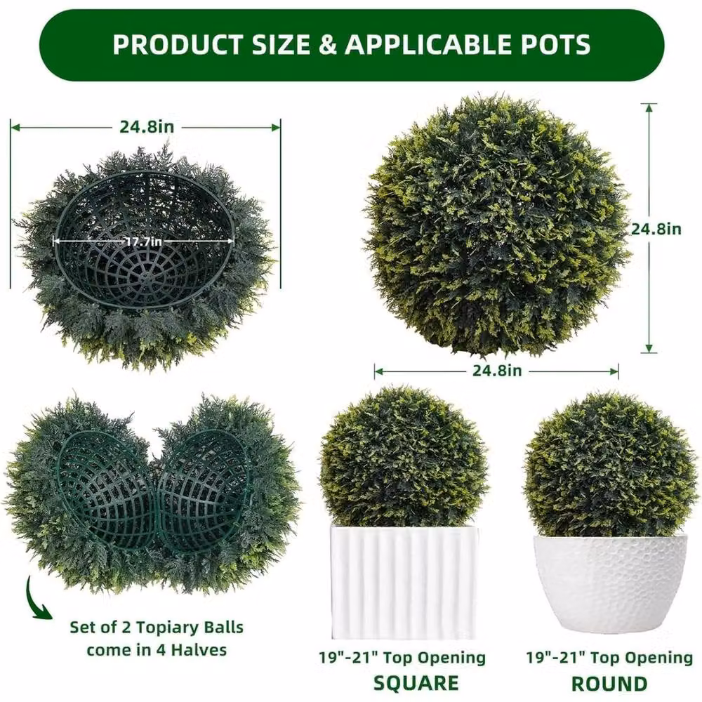 VOGREX Set of 2 Large Artificial Green Cedar Topiary Balls, Diameter: 63 cm – 2