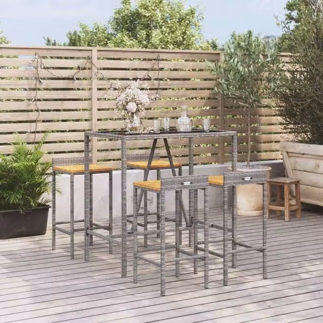Berkfield Home 5 Piece Grey Poly Rattan and Solid Acacia Wood Garden Bar Set – 1