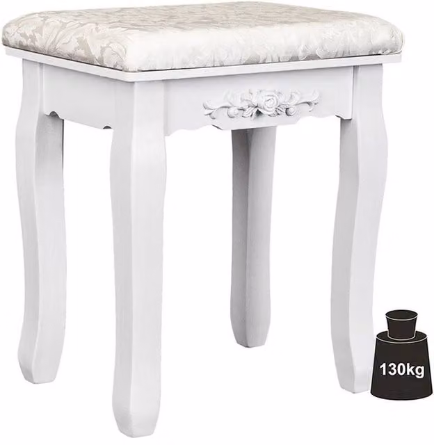 VOGREX Vintage White Dressing Table Stool with Floral Fabric and Wood Frame