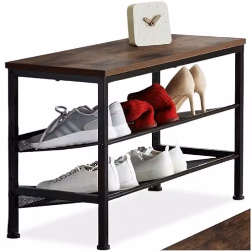 tectake 3-Tier Industrial Shoe Rack with Adjustable Shelves in Black and Brown, W/D/H: 75.5 x 30.5 x 45.5 cm – 1