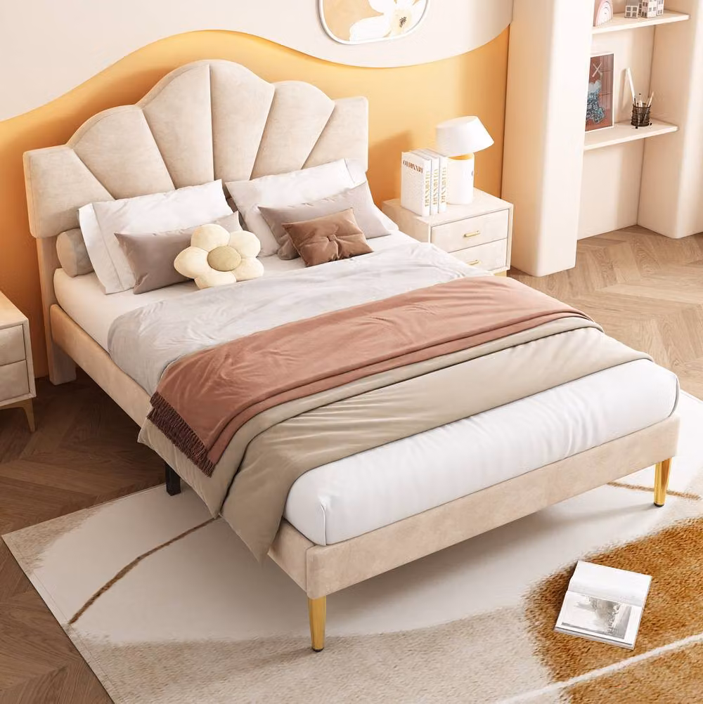 STILVORA Velvet Upholstered Double Bed in Beige with Adjustable Headboard, W/D/H: 140 x 200 cm – 2