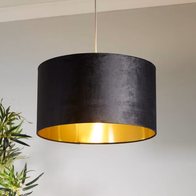 Lighting Collection Black Velvet and Brushed Gold Cylinder Lamp Shade, Diameter: 50 cm