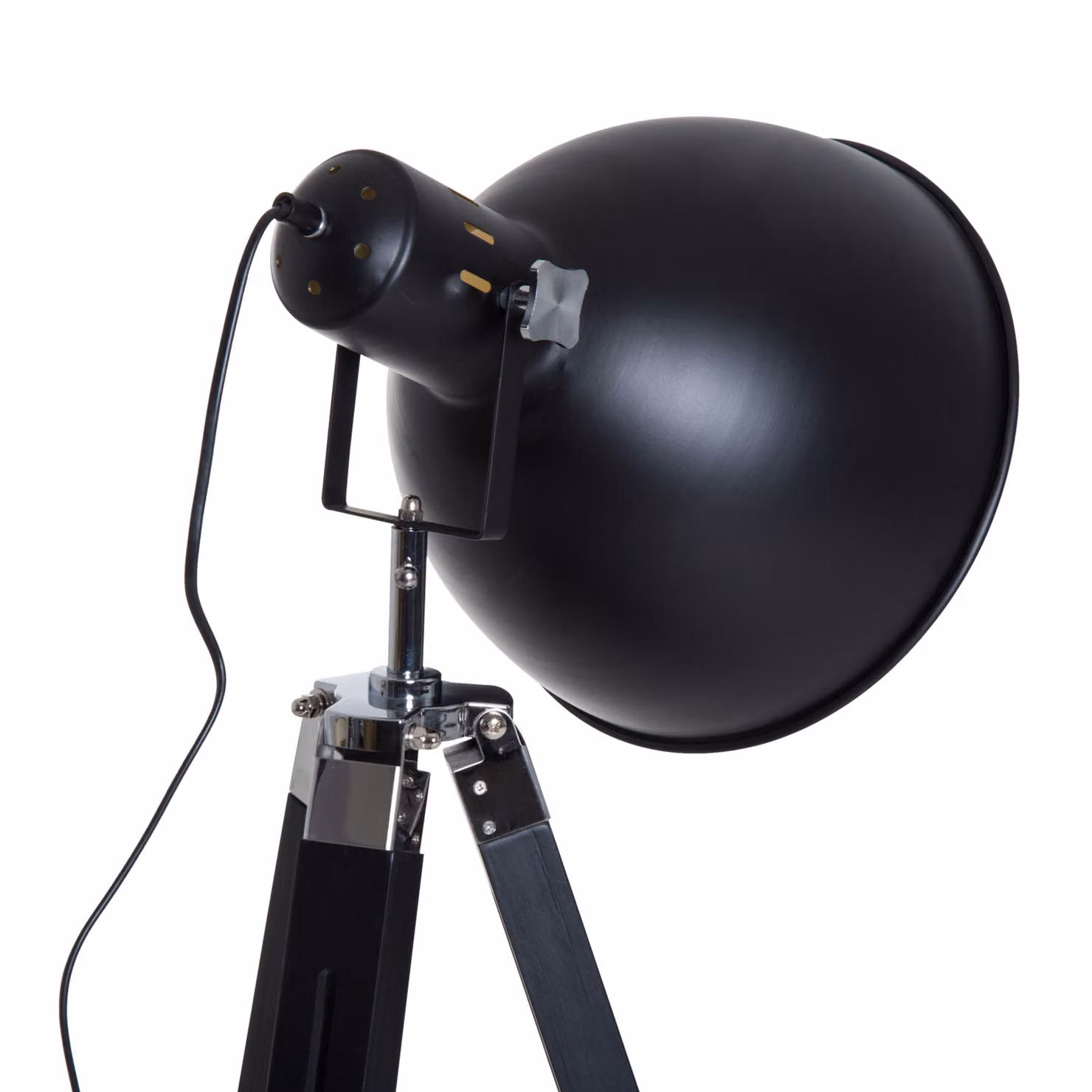 HOMCOM Industrial Tripod Spotlight with Adjustable Wooden Legs and Gold Metallic Cone Shade in Black and Brass – 6