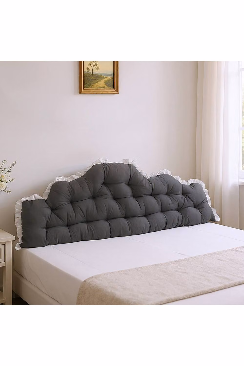 Living and Home Upholstered Headboard Pillow with Ruffle Trim in Grey and White – 3