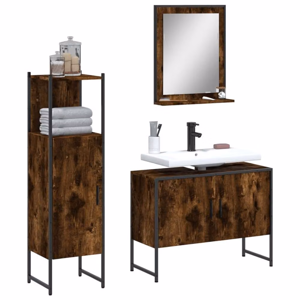 Berkfield Home 3 Piece Industrial Bathroom Cabinet Set in Smoked Oak Brown, including Vanity Unit, Tall Cabinet and Mirror Cabinet – 2