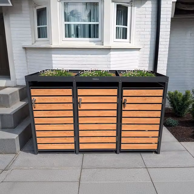 Garden Furniture Centre Triple Wood Effect Galvanised Steel Wheelie Bin Storage with Planter Tops in Anthracite Grey – 1