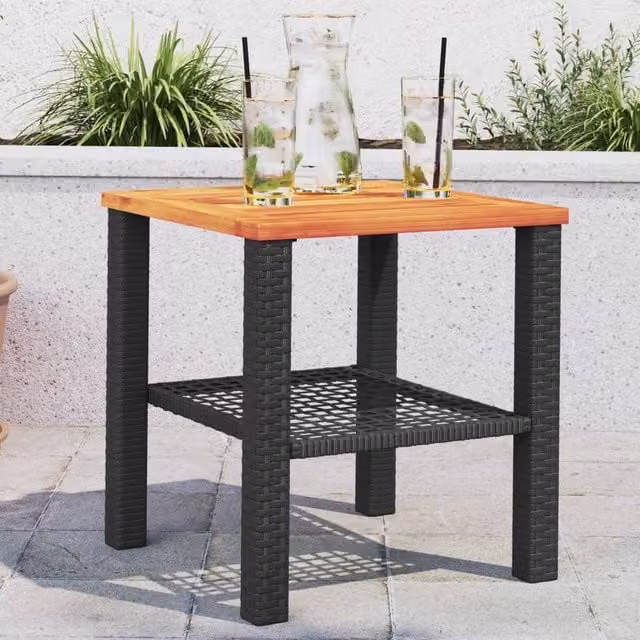 Berkfield Home Black Poly Rattan and Acacia Wood Garden Table, W/D/H: 40 x 40 x 42 cm – 1