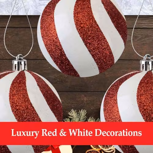 VFM Red and White Striped Candy Cane Baubles, 4 Pack, Diameter: 8 cm – 6