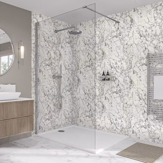 Wetwall Elite Milano Marble Double Post Formed Shower Panel in White Stone Look