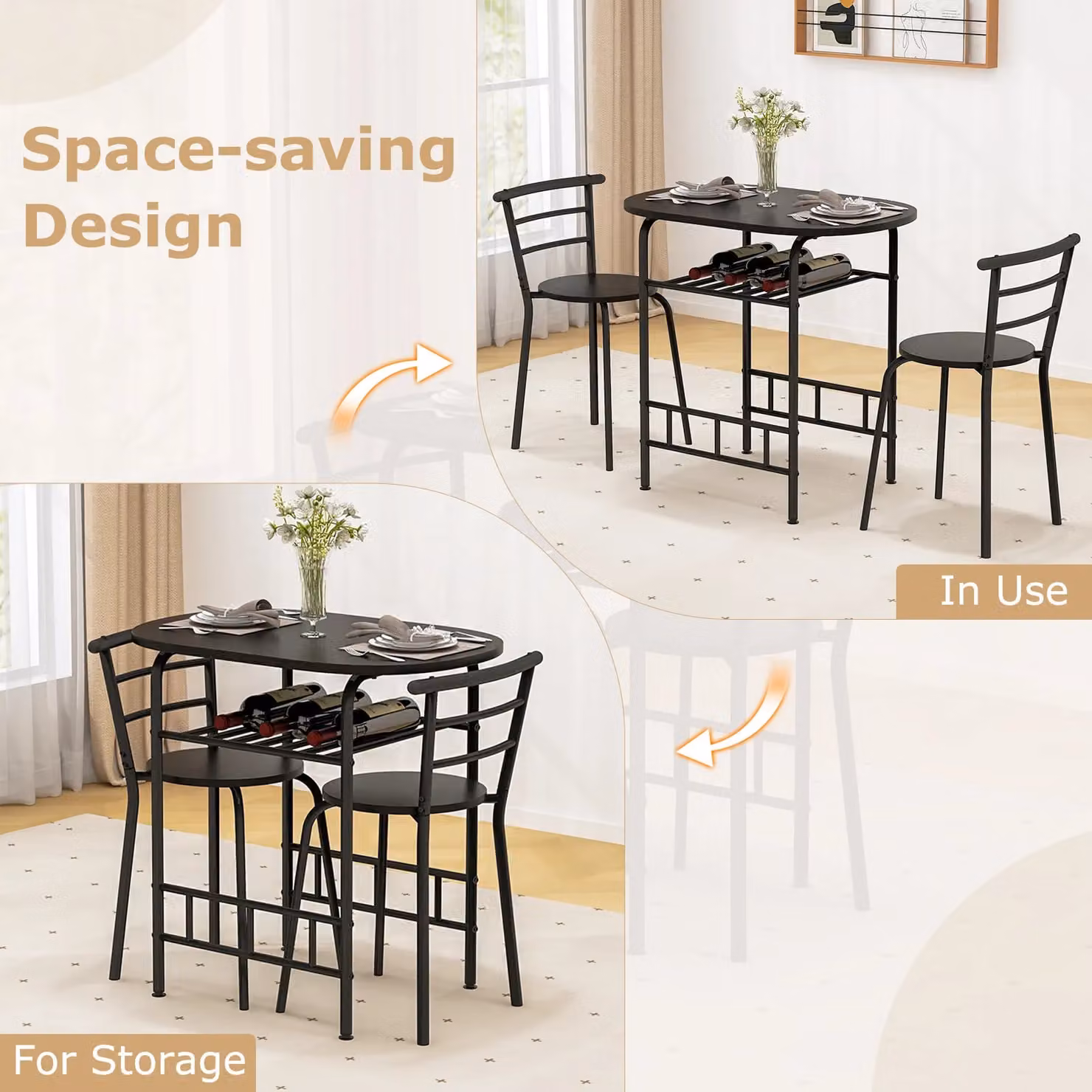 Gymax 3 Piece Modern Oval Dining Table and Chairs Set in Black Wood Grain Finish – 3