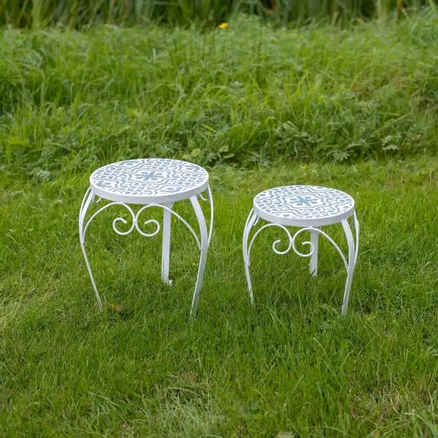 Ascalon Design Ltd Set of 2 Mediterranean Geometric Mosaic Low Plant Tables in Blue and White Metal