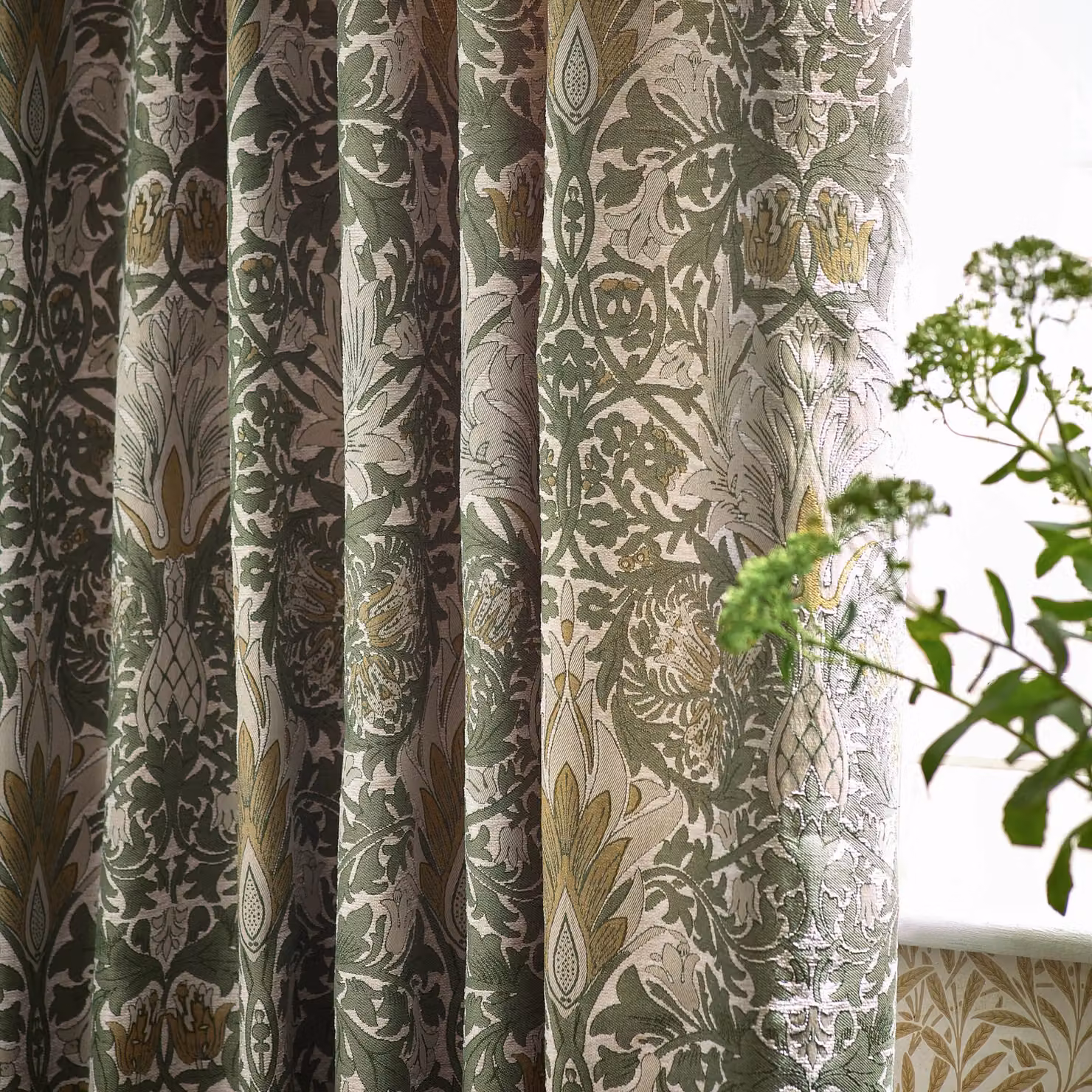 Morris & Co. Snakeshead Floral Jacquard Chenille Pencil Pleat Curtains, Beige and Yellow, Width: 229 cm, Drop: 137 cm – 3