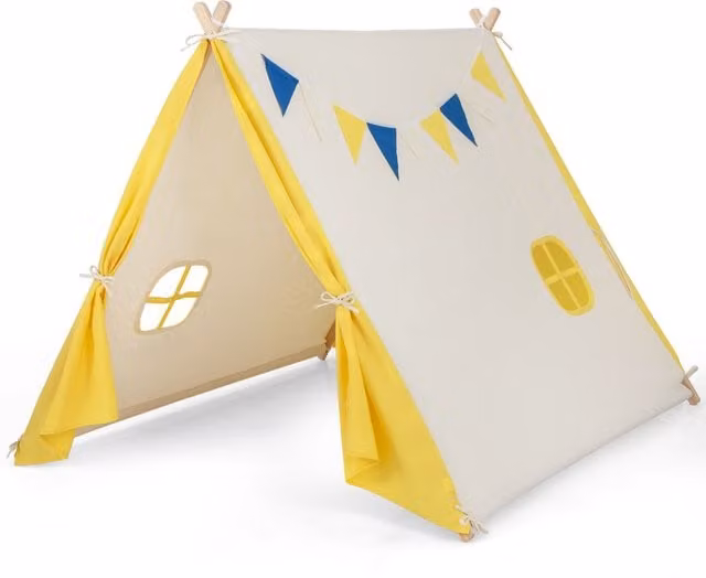 COSTWAY Kids Large Triangular Play Tent in Beige, White and Yellow