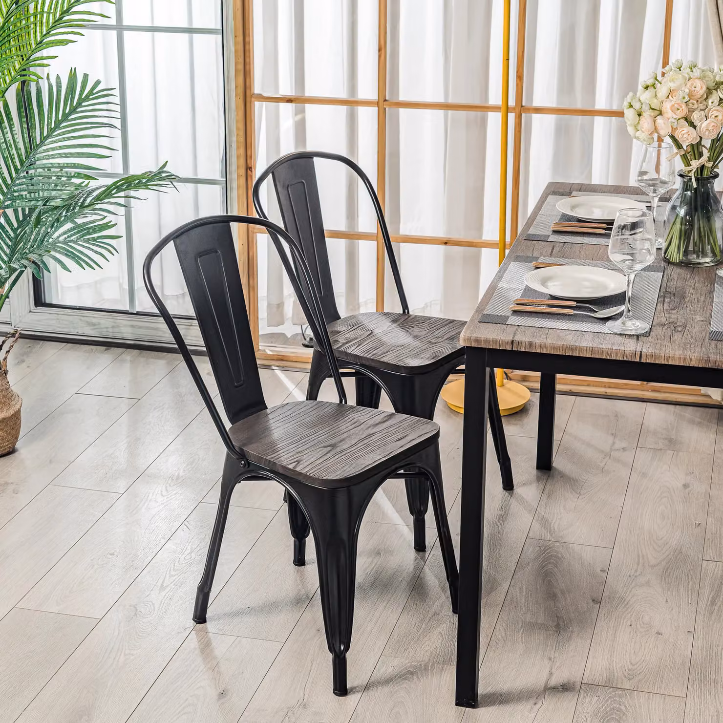 Nordlys Set of 4 Industrial Black Metal and Wood Dining Chairs – 3