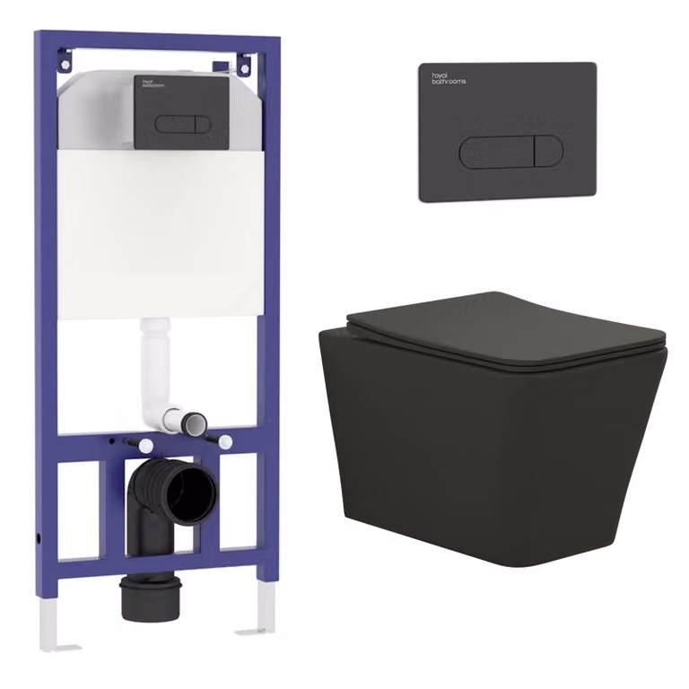 Royal Bathrooms Elena Matt Black Wall Hung Rimless Ceramic Toilet with Slim Soft Close Seat and Aqua Wall Hung Frame