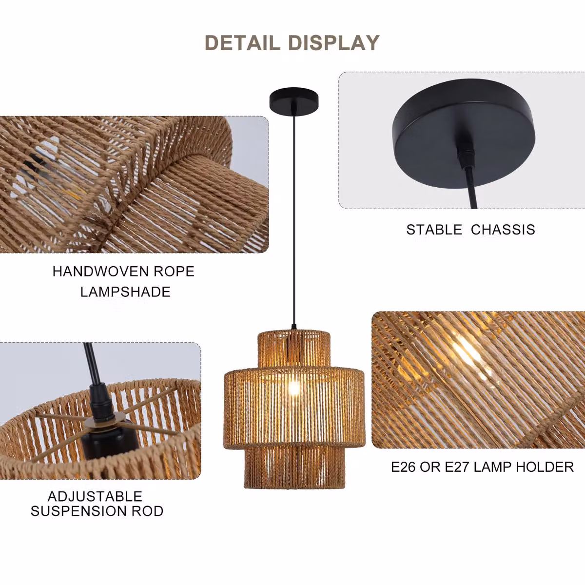 Garwarm Bronze Woven Rattan Boho Farmhouse Pendant Light with Adjustable Height – 3