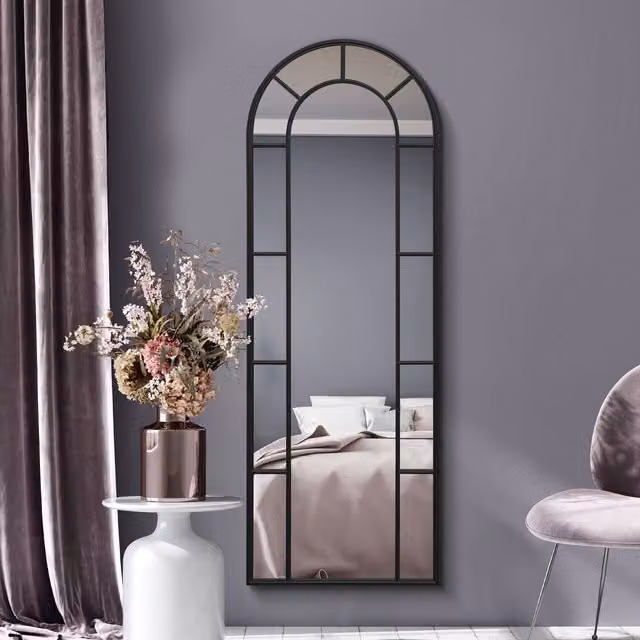 MirrorOutlet Arcus Window Metal Framed Arched Leaner Wall Mirror in Black, H: 190 cm x W: 85 cm x D: 60 cm