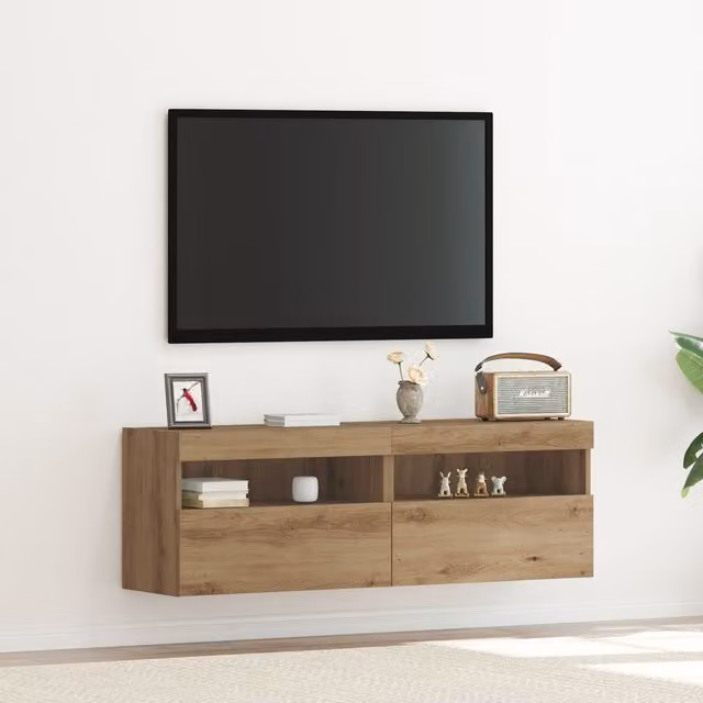 Berkfield Home Set of 2 Wall Mounted TV Cabinets with LED Lighting in Artisan Oak Brown, W/D/H: 60 x 30 x 40 cm