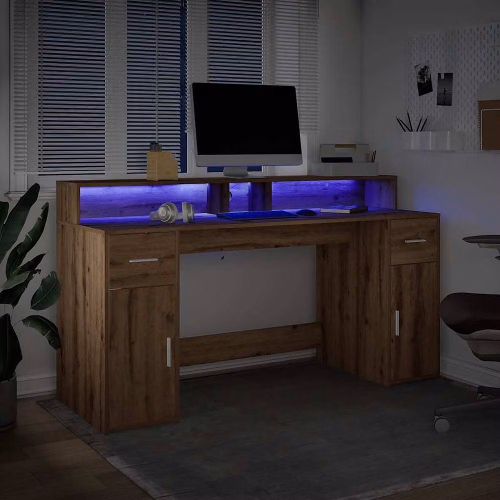Berkfield Home Gaming Desk with LED Lights in Artisan Oak Brown, W/D/H: 160 x 55 x 91 cm – 4