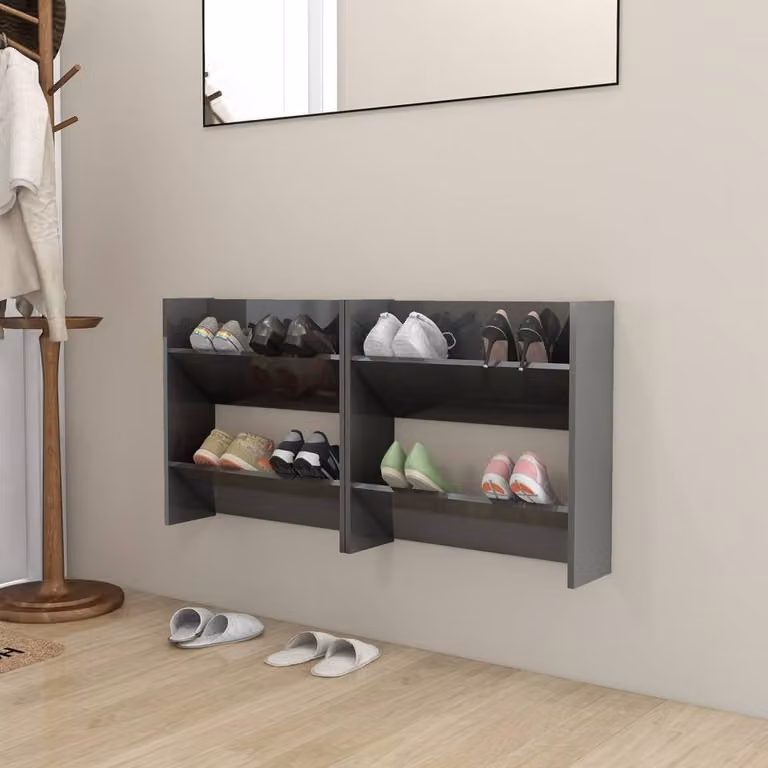 Berkfield Home Set of 2 Wall Mounted High Gloss Grey Shoe Cabinets, W/D/H: 60 x 18 x 60 cm