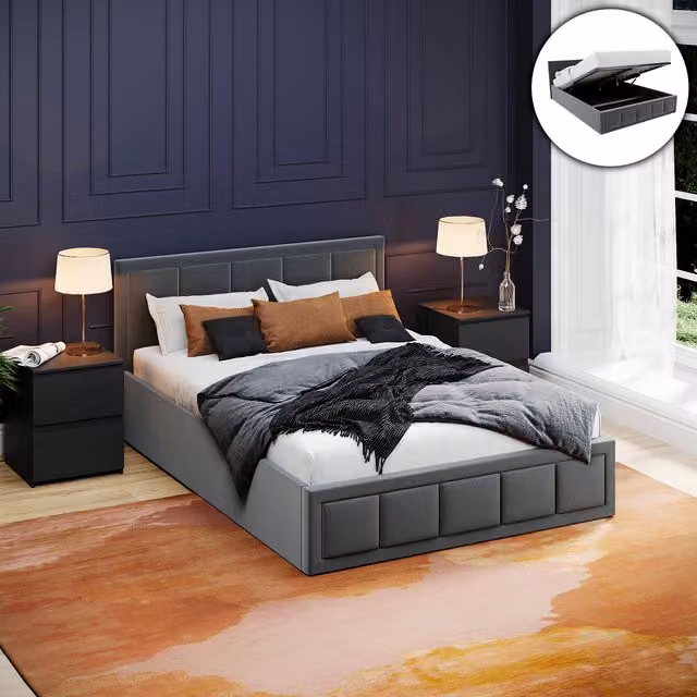 Vida Designs Vanita Ottoman Fabric Bed in Grey, Double (140 x 200 cm)