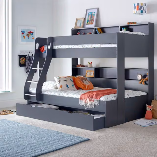 Bedmaster Oliver Onyx Grey Triple Sleeper Bunk Bed with Drawer Options, Solid Wood, W/D/H: 150 x 200 x 173 cm
