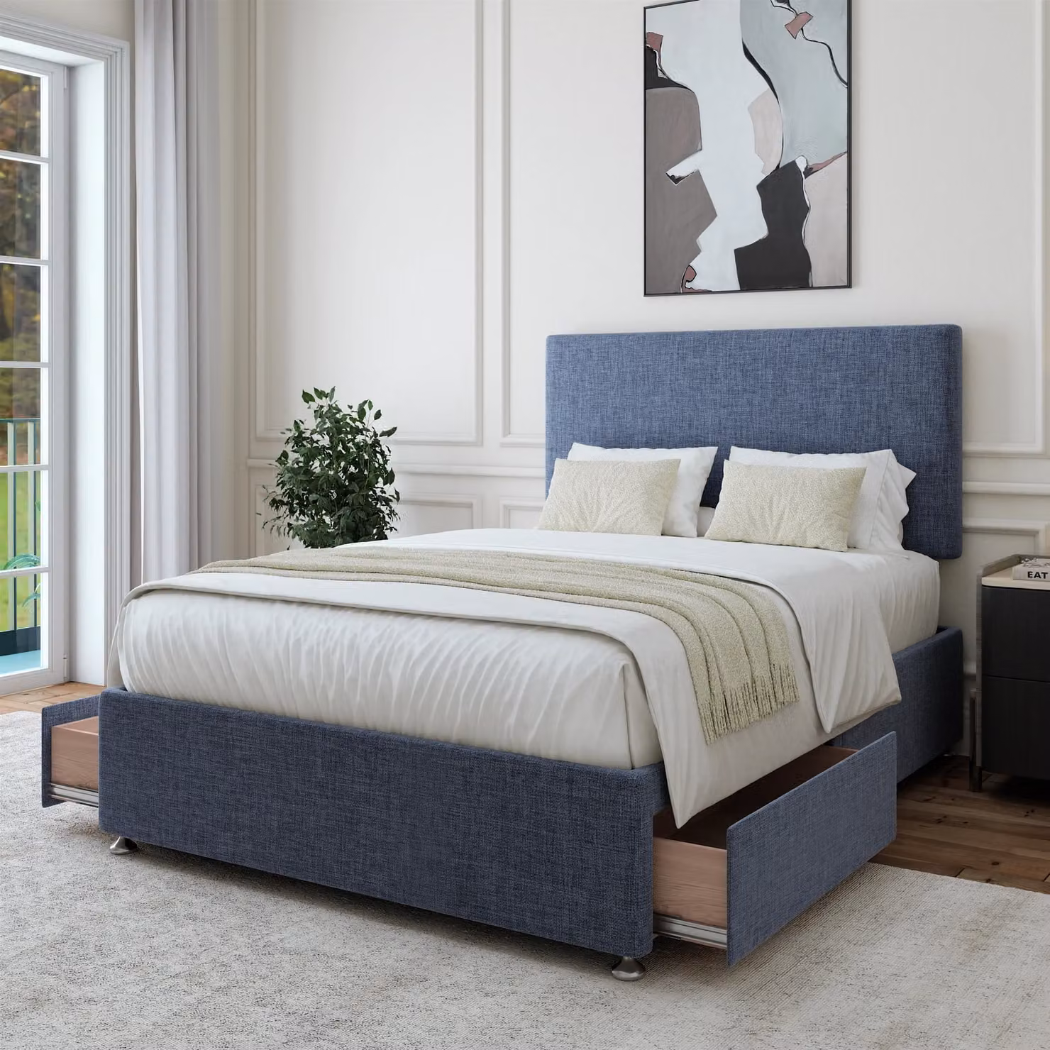 Bedmaster Small Single Upholstered Linen Divan Base with 2 Drawers and Plain Headboard in Black