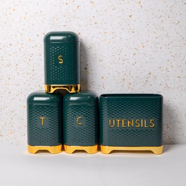 KitchenCraft 4-Piece Ceramic Tea, Coffee and Sugar Canister and Utensil Storage Set in Green