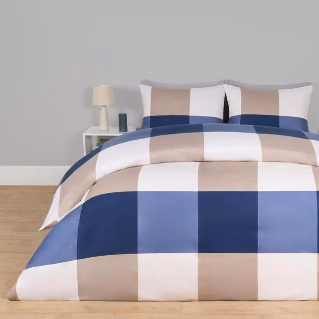 OHS Reversible Classic Checked Duvet Cover Set in Blue and Beige, W/H: 180 x 200 cm