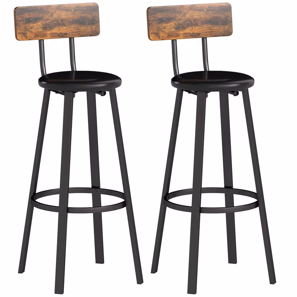 HOMCOM Set of 2 Industrial Barstools with Padded Synthetic Leather Backrest in Rustic Brown and Black – 2