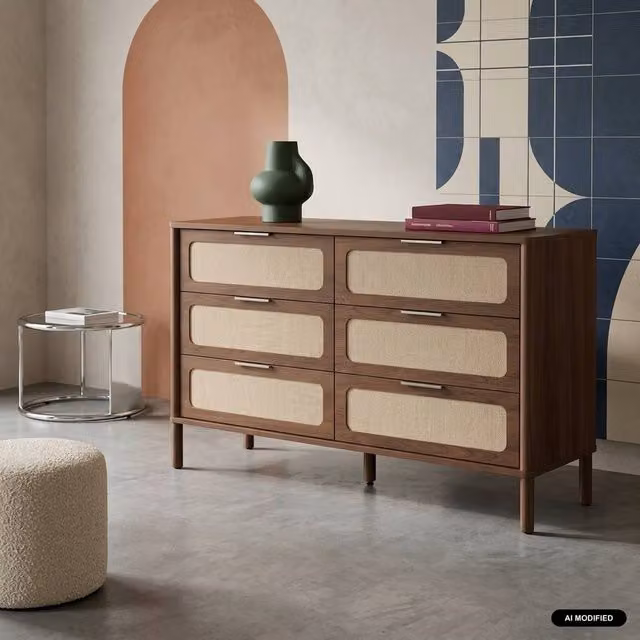 sweeek Vintage 6-Drawer Chest of Drawers with Cane and Wood Decor in Dark Brown, W/D/H: 120 x 39.5 x 75.5 cm