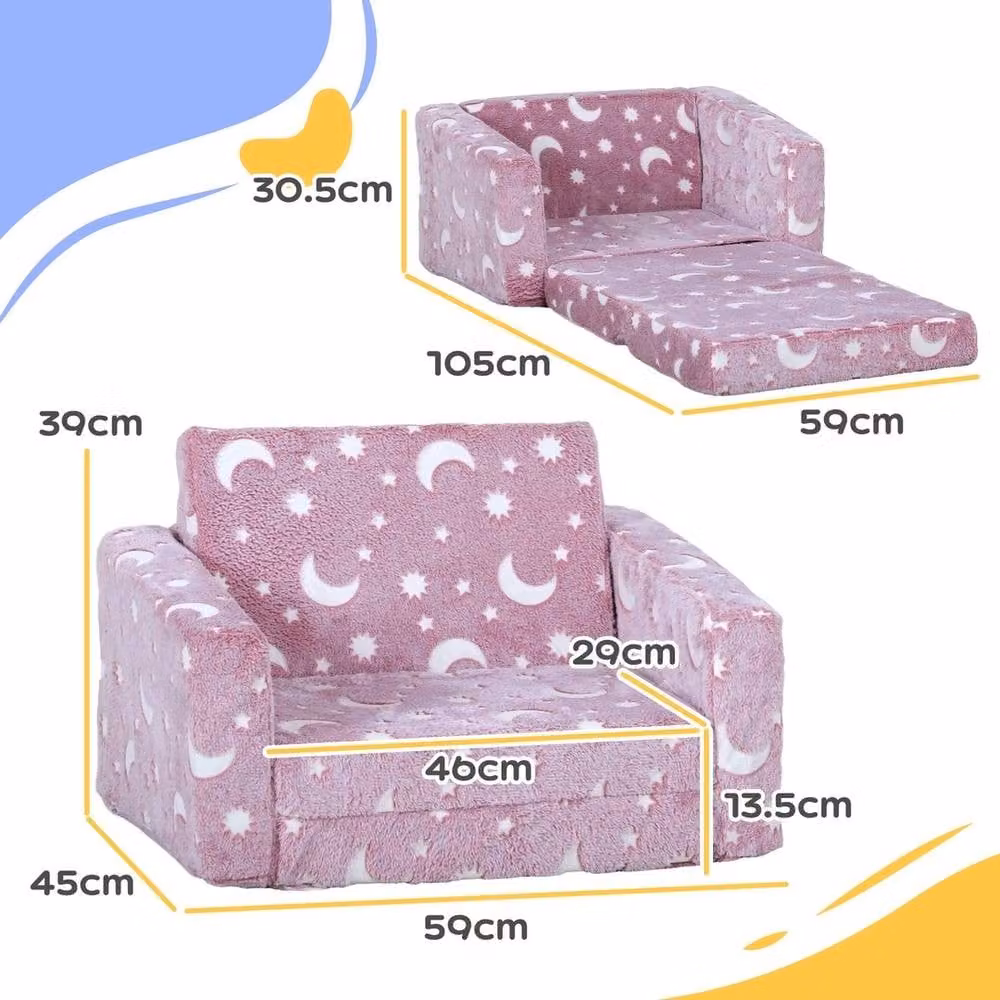 VOGREX Folding Kids Sofa Bed Toddler Armchair with Glow in the Dark Star and Moon Pattern in Pink – 2