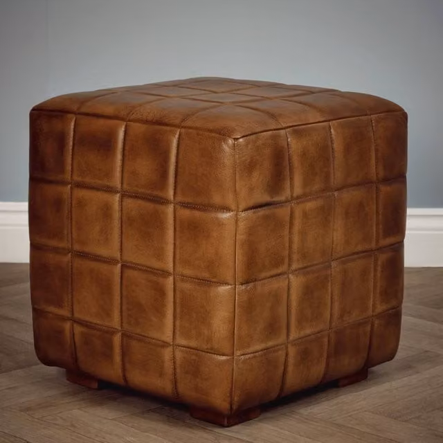 Elm Home And Garden Brown Leather Cube Foot Stool with Wood Framed Upholstered Design