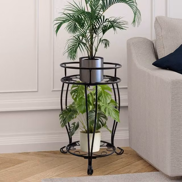 Living and Home Vintage 2 Tier Metal Plant Display Stand in Matt Black