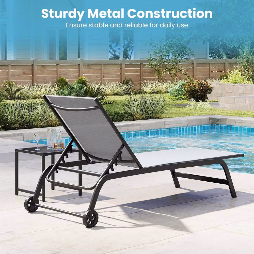Gymax Set of 2 Grey Outdoor Chaise Lounge Chairs with Wheels and Side Trays – 3