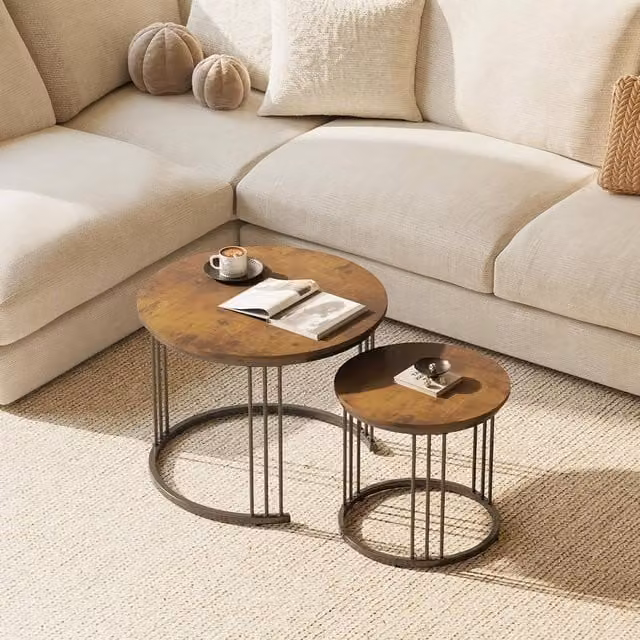 Huhote Set of 2 Brown Round Nesting Coffee and Side Tables with Metal Frame