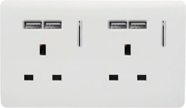 Trendi 2 Gang 13 Amp Double Switched Electrical Wall Plug Socket with 4 USB Type A Charging Ports in White